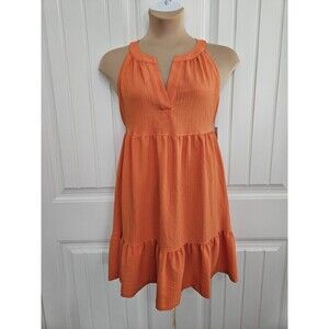Calvin Klein Crepe Halter V Neck Tie Back Tiered Orange Tropical Dress Sz 8 NWT
